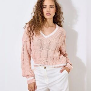 APRICOT 🍑 V-Neck Cable Knit Sweater - Blush Pink